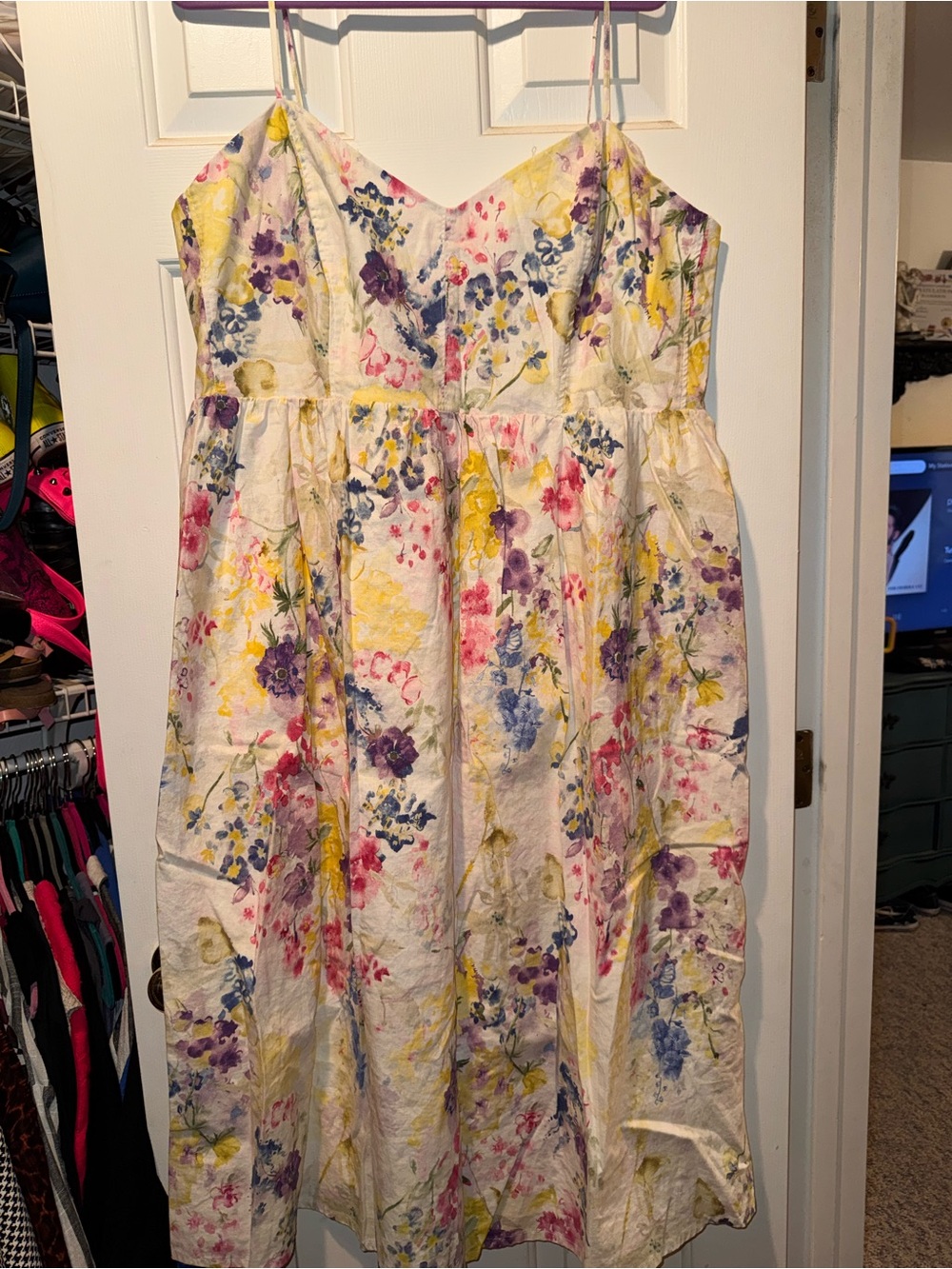 H&M Cream Floral Spaghetti-Strap Dress with Pink, Yellow & Purple Accents